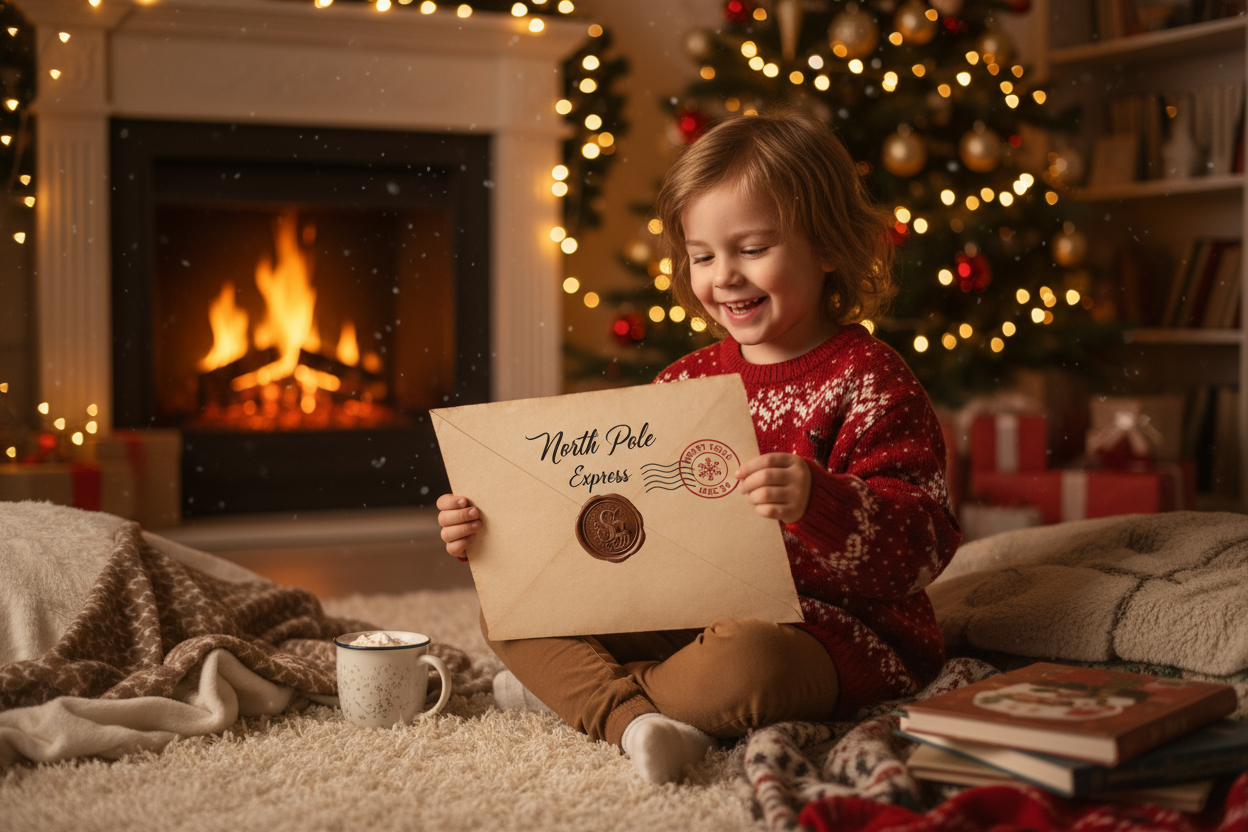 child reading letter from North Pole